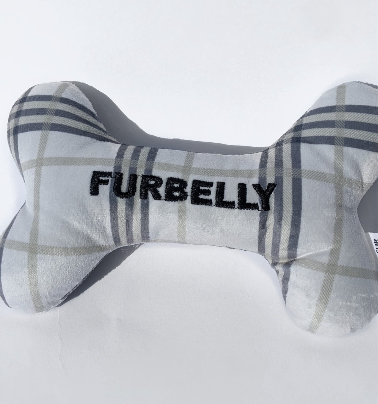 2-in-1 FURBELLY GREY PLAID PLUSH BONE DOG TOY