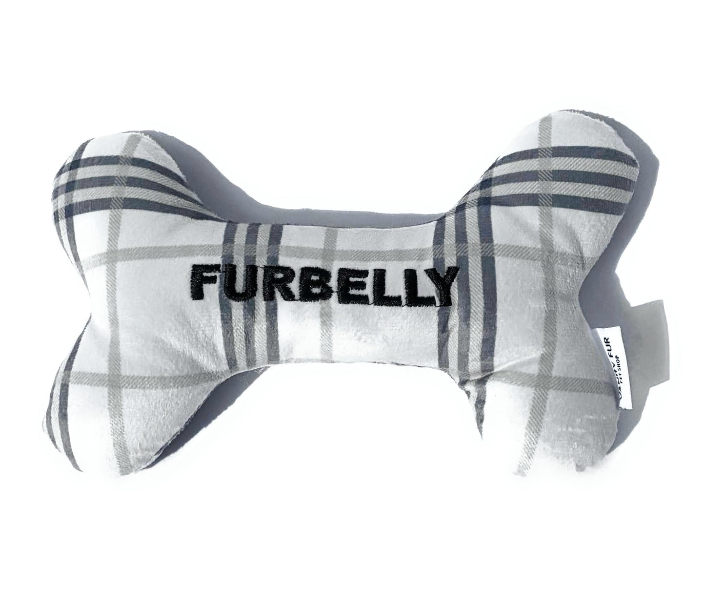 2-in-1 FURBELLY GREY PLAID PLUSH BONE DOG TOY