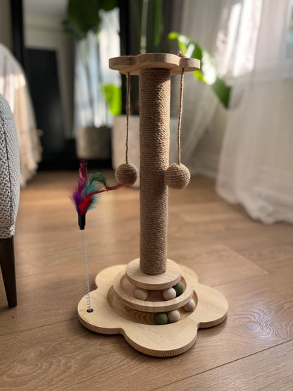 CAT SCRATCHING POST WITH TURNTABLE AND FEATHERS